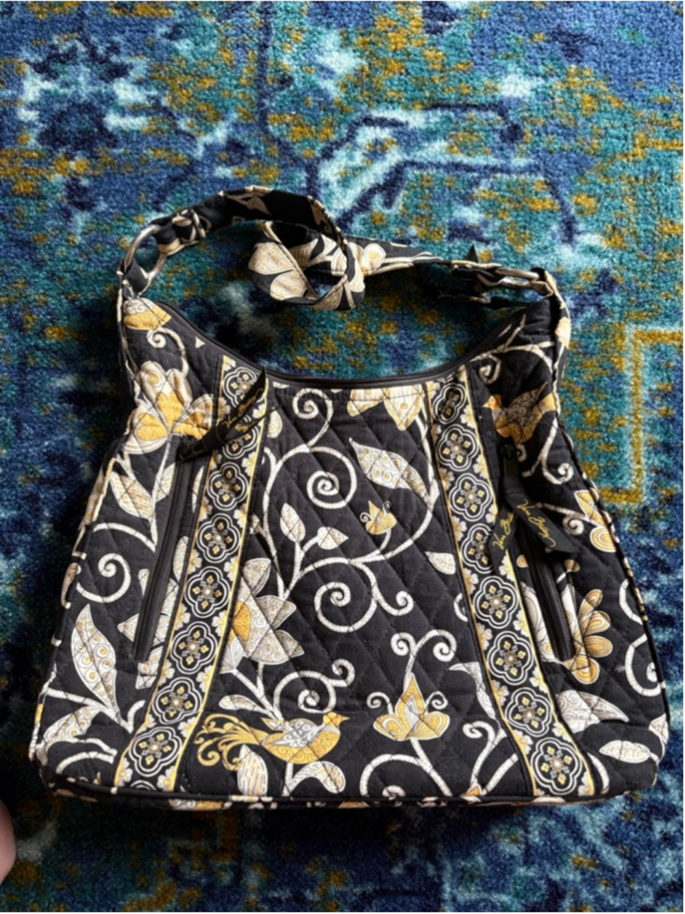 Vera Bradley Quilted Shoulder Bag Black Yellow Floral Bird